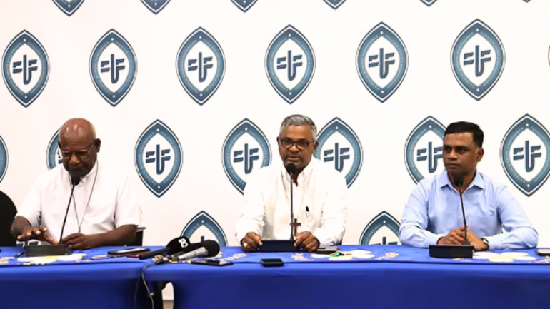 From left to right: President of CBC PNGSI Bishop Otto Separy, Vice President of CBC PNGSI, Bishop Rozario Menezes SMM and CBC PNGSI General Secretary Fr Lawrence Arockiaraj. (Photo: CATHOLIC BISHOPS CONFERENCE OF PNGSI)